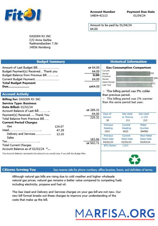 Printable Sweden Fitol gas business utility bill template in Word and PDF formats